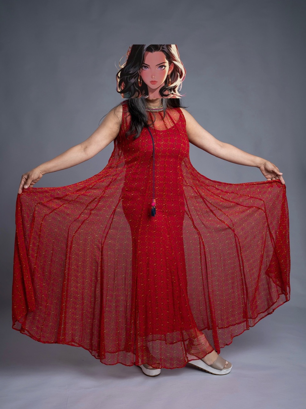 Ritu Kumar Red Sheer Maxi Dress with Flowing Cape Panels